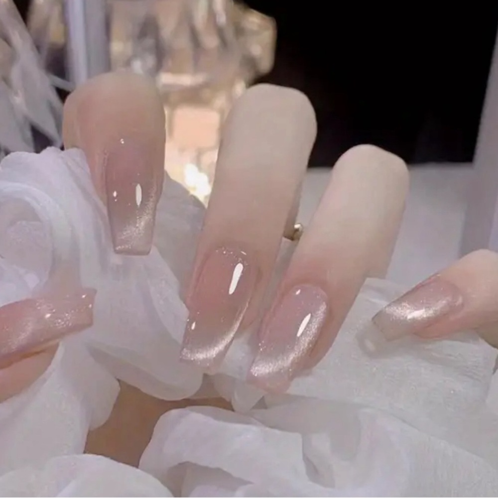 Shimmery Pink & Silver Coffin Long Length Press On Nails Set, NIB